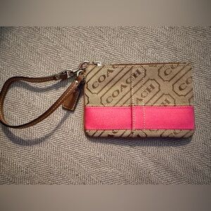 Coach Signature Tan and Pink Wristlet